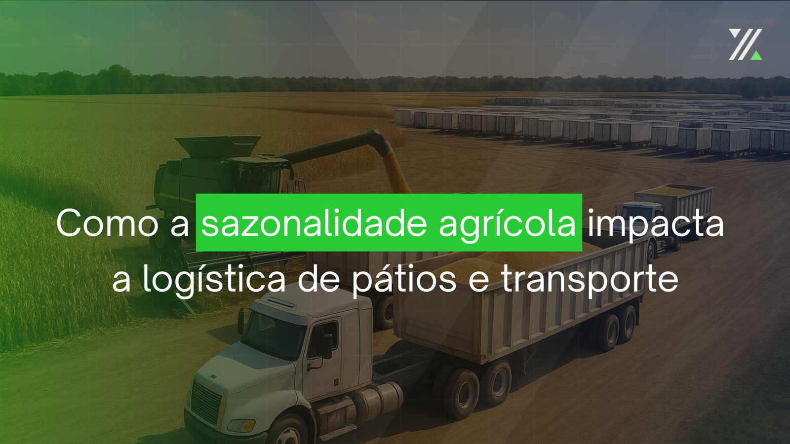 Colheita agrícola com caminhões carregados durante a safra e, ao fundo, o pátio de armazenamento durante a sazonalidade agrícola