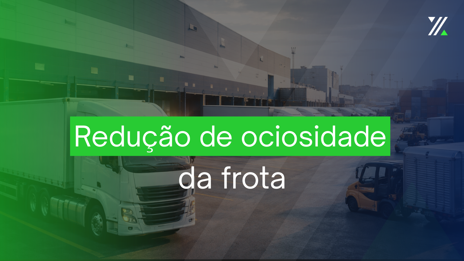 Frota de caminhões em operação em centro logístico com veículos alinhados e movimentação de cargas.