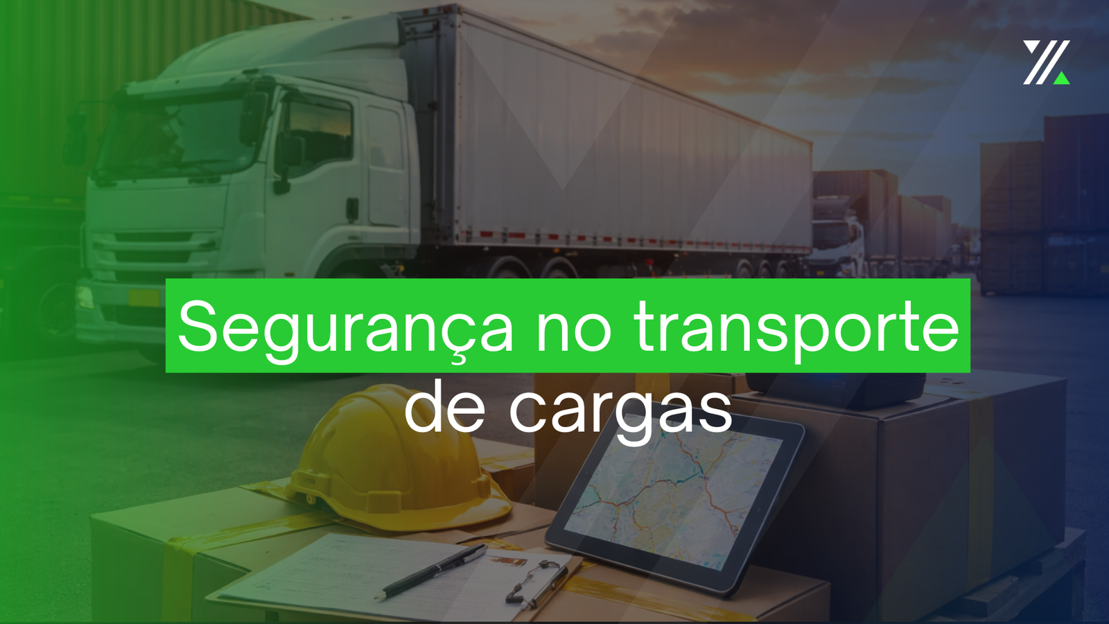 Segurança no transporte de cargas com caminhão em centro logístico e equipamentos de monitoramento.