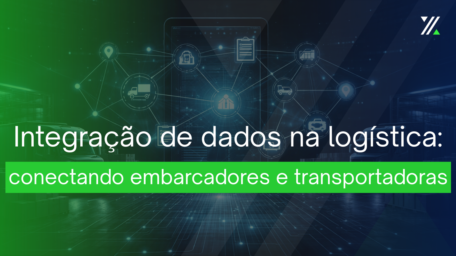 Ilustração digital representando integração de dados entre embarcadores e transportadoras com caminhões e conexões tecnológicas.